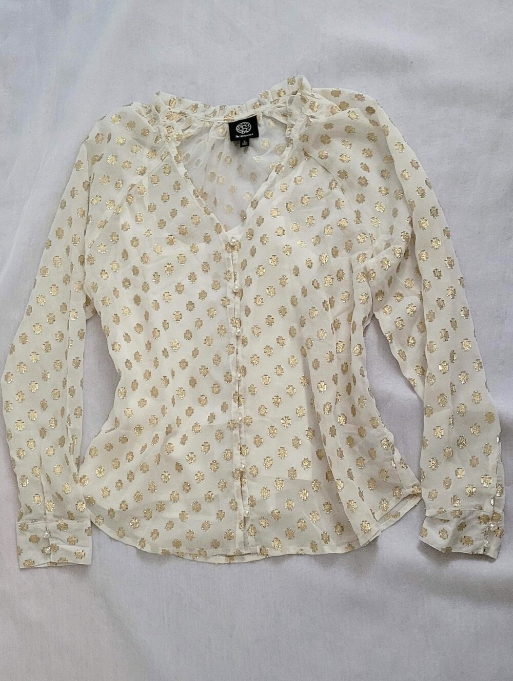 NWOT! Polka Dot Fall Top Gold Foil Pearl Embellished Women's Sheer Blouse Small - Picture 17 of 17